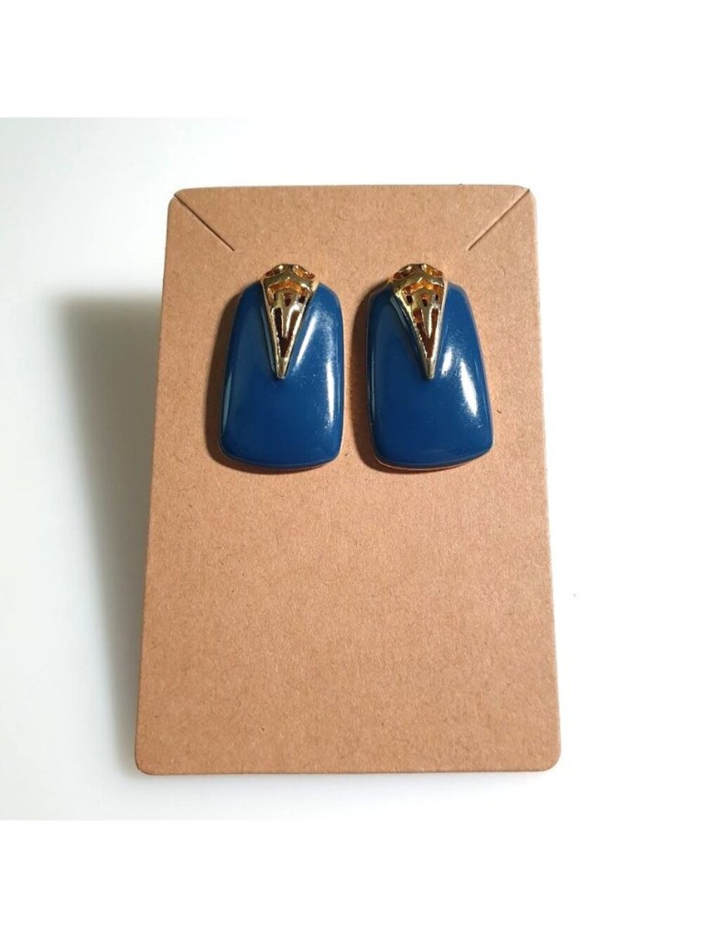 Blue Gold Tone Rectangular Post Earrings Vintage Style Jewelry Art Deco Gift